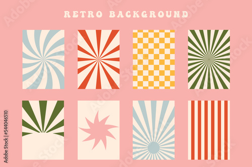 Groovy hippie 60s backgrounds. Fun cartoon hypnotic, rays, lollipop, stripes, chess. Vector posters in trendy retro psychedelic style. Merry Christmas vector backgrounds. Vintage old style, 30s, 40s