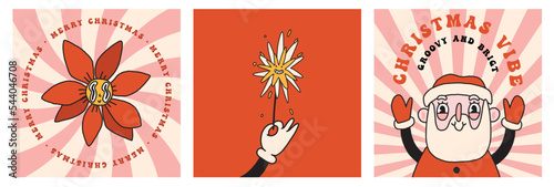 Christmas retro collection 30s cartoon square cards. Santa Claus, sparkler, lettering. 50s, 60s old animation style. Vintage comic merry Christmas vector. Cheerful, happy emotions. Isolated