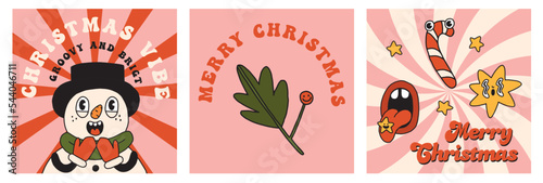 Christmas retro collection 30s cartoon square cards. Snowman, lsd star, mistletoe, lettering. 50s, 60s old animation style. Vintage comic merry Christmas vector. Cheerful, happy emotions. Isolated