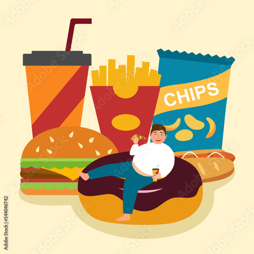 Obesity guy enjoy eating food as hamburger, hotdog, donut and chips snack in flat design.