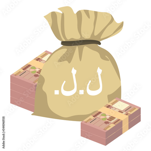 Lebanese Pound Vector Illustration. Lebanon money set bundle banknotes. Money bag 20000 LBP. Flat style. Isolated on white background. Simple minimal design. photo