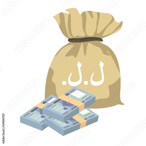 Lebanese Pound Vector Illustration. Lebanon money set bundle banknotes. Money bag 50000 LBP. Flat style. Isolated on white background. Simple minimal design. photo