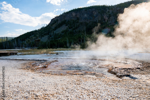 View of smoke emitting from hotspring amidst geothermal landscape. Erupted geyser in forest at Yellowstone national park. Famous tourist attraction with sky in background during summer.