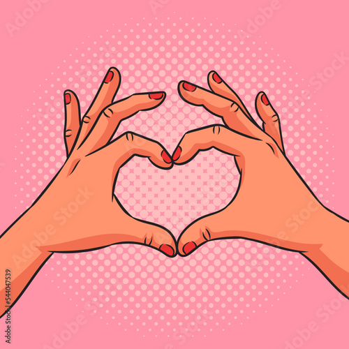 Hands making heart sign pinup pop art retro vector illustration. Comic book style imitation.