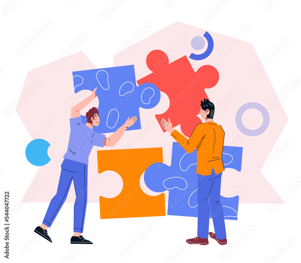 Team building and collaboration, partnership, problem solving concept with business people characters, flat vector illustration isolated on white background.