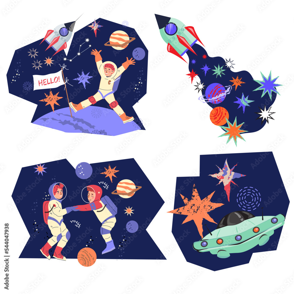 Kids astronauts in space banners or stickers collection, flat cartoon ...