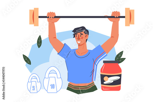 Man keeps fit with sports exercises and sports nutrition, flat cartoon vector illustration isolated on white background. Healthy training and dieting, bodybuilding.