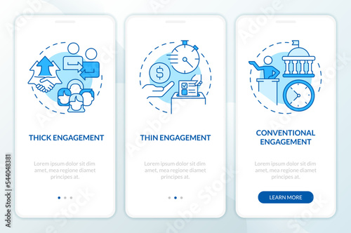 Motivate society to act blue onboarding mobile app screen. Walkthrough 3 steps editable graphic instructions with linear concepts. UI, UX, GUI template. Myriad Pro-Bold, Regular fonts used