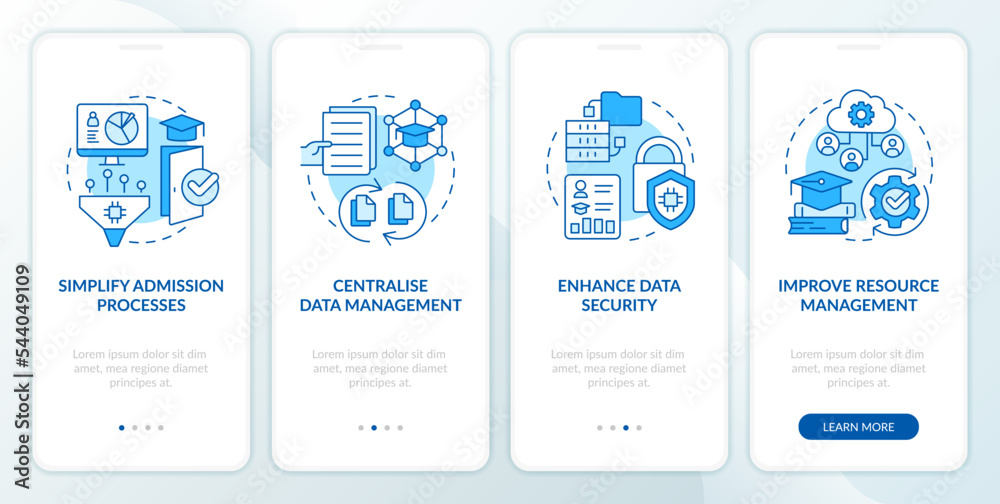 Industry specific ERP benefits blue onboarding mobile app screen. Walkthrough 4 steps editable graphic instructions with linear concepts. UI, UX, GUI template. Myriad Pro-Bold, Regular fonts used