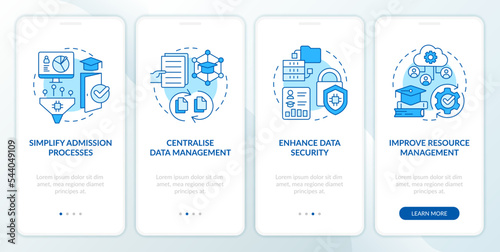 Industry specific ERP benefits blue onboarding mobile app screen. Walkthrough 4 steps editable graphic instructions with linear concepts. UI, UX, GUI template. Myriad Pro-Bold, Regular fonts used