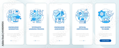 Advantages of formal education blue onboarding mobile app screen. Walkthrough 5 steps editable graphic instructions with linear concepts. UI, UX, GUI template. Myriad Pro-Bold, Regular fonts used