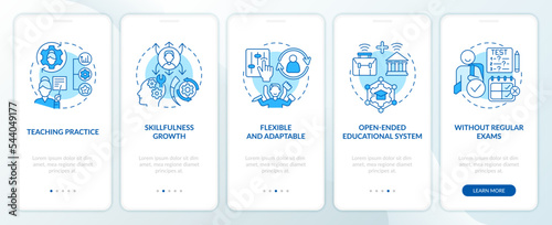 Advantages of non formal education blue onboarding mobile app screen. Walkthrough 5 steps editable graphic instructions with linear concepts. UI, UX, GUI template. Myriad Pro-Bold, Regular fonts used