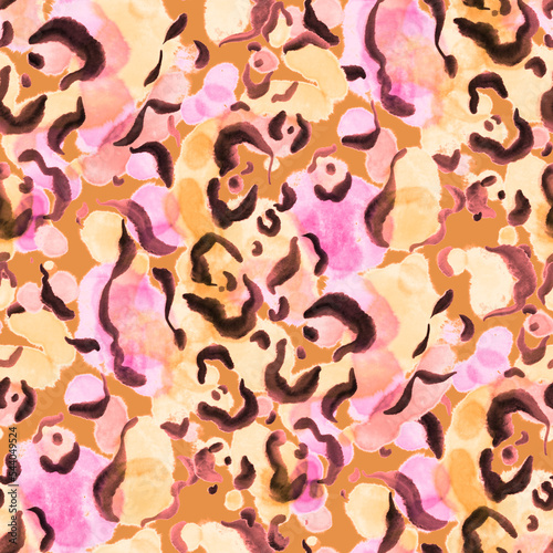 Watercolor seamless pattern with beautiful bright abstract elements and leopard spots. Colorful animalistic texture for any kind of a design. Contemporary art. Trendy modern style.	