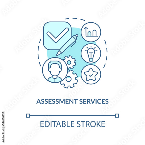 Assessment services turquoise concept icon. Supplementary education provider abstract idea thin line illustration. Isolated outline drawing. Editable stroke. Arial, Myriad Pro-Bold fonts used