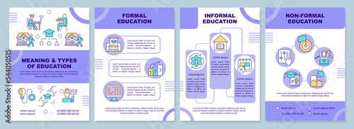 Meaning and types of education purple brochure template. Leaflet design with linear icons. Editable 4 vector layouts for presentation, annual reports. Arial-Black, Myriad Pro-Regular fonts used