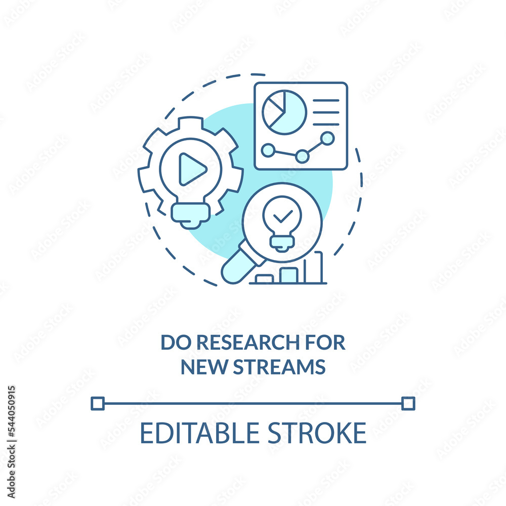 Research for new streams turquoise concept icon. Video statistics. Blog analytics abstract idea thin line illustration. Isolated outline drawing. Editable stroke. Arial, Myriad Pro-Bold fonts used