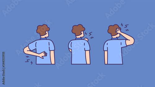 shoulder pain, headache, backache. a collection or set of illustrations of male characters holding head, shoulders and back in pain. stiff muscles. health problems. cartoon and outline style. people