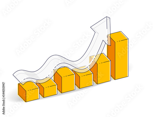 Growth chart stats bar isolated on white background. Vector 3d isometric business and finance illustration, thin line design.