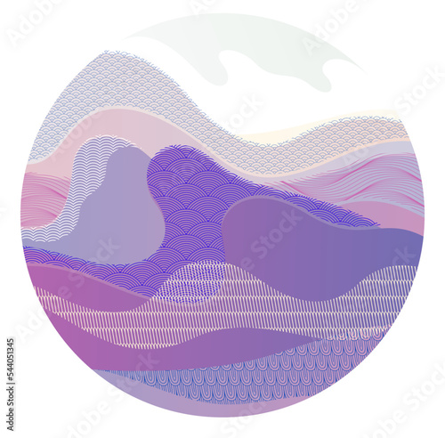Oriental Japanese style vector abstract illustration in a shape of circle, background in Asian traditional style, wavy shapes and mountains terrain, runny like sea lines.
