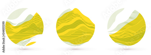 Nature art oriental Japanese style vector abstract backgrounds set in yellow color in a shape of circle, runny like water shapes and lines with textures.