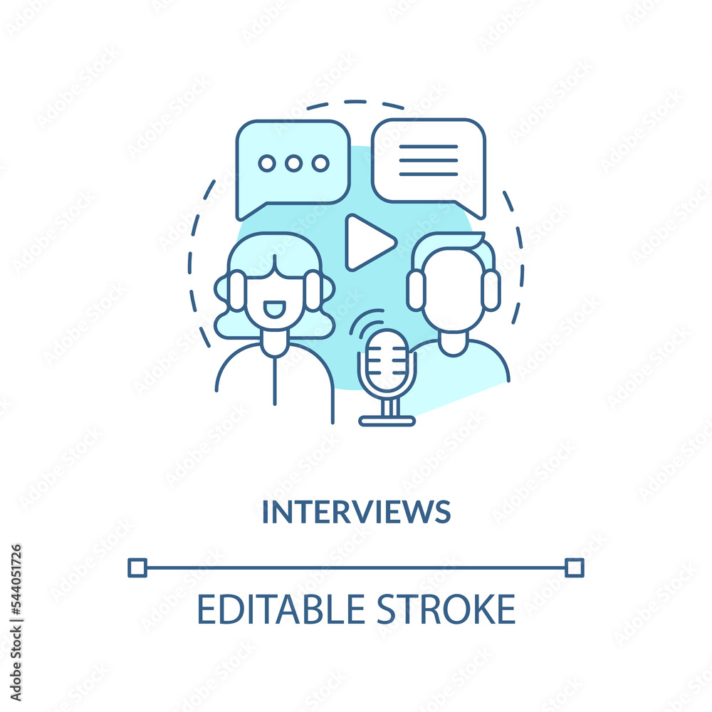 Interviews turquoise concept icon. Digital entertainment. Popular podcast format abstract idea thin line illustration. Isolated outline drawing. Editable stroke. Arial, Myriad Pro-Bold fonts used Interviews turquoise concept icon. Digital entertainment. Popular podcast format abstract idea thin line illustration. Isolated outline drawing. Editable stroke. Arial, Myriad Pro-Bold fonts used