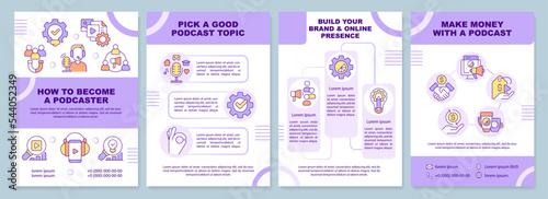 Become podcaster tips brochure template. Live streaming. Leaflet design with linear icons. Editable 4 vector layouts for presentation, annual reports. Arial-Black, Myriad Pro-Regular fonts used
