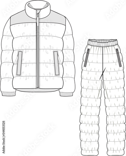 UNISEX WEAR SNOW SUIT PUFFER JACKET AND JOGGER SET FASHION FLAT VECTOR