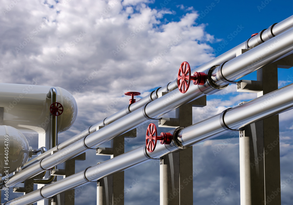 Steel pipes on concrete supports. Oil pipeline under blue sky. Silvery pipeline with red valves. Pipeline for import of oil products. Pipes for supply of crude oil. Fuel infrastructure. 3d image.