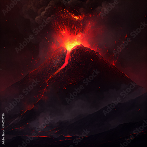 Canvas Print Epic scene of an erupting volcano in thick clouds of smoke and ash and lava flowing down the slopes