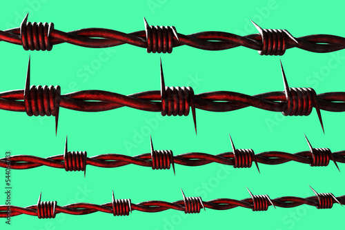 Barbwire straight rows. Texture with barbwire. Metal wire with sharp spikes. Barbwire pattern. Barbed wire isolated on green background. Sharp barrier to protect territory. 3d rendering.