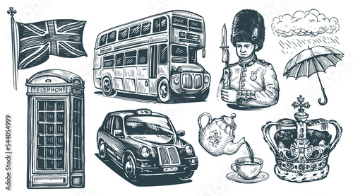 United Kingdom concept. England, London set. Hand drawn collection of illustrations in vintage engraving sketch style