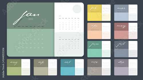 Creative minimal business monthly 2023 Calendar template vector. Desk, wall calendar for print, digital calendar or planner. Week start on Monday. Simple modern annual calendar layout design elements.