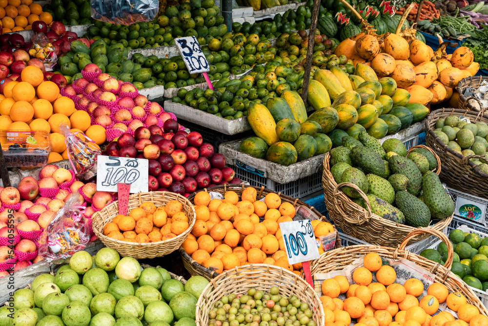 A lot of tropical fruits in outdoor market in Sri-Lanka.