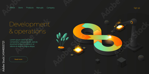 Web development or devops concept in isometric vector design. Developing of internet app or online website service. Creative vector illustration. Web banner layout template