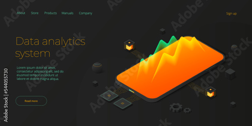Predictive analytics in isometric vector illustration. Data mining, modelling and machine learning. Information statistics. Web banner layout template