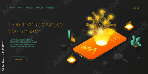 Virus vaccination in isometric vector design. Flu or coronavirus statistics. Medical covid antidote or antivirus vaccine. Pandemic dashboard. Web banner layout template