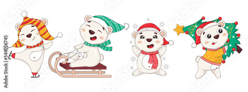 Collection of cute cartoon new year polar bears in winter clothes with christmas tree, skating, sledding, catching snowflakes