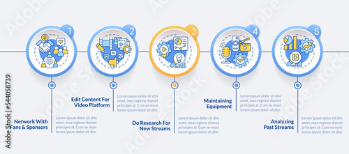 Professional online streaming circle infographic template. Data visualization with 5 steps. Editable timeline info chart. Workflow layout with line icons. Lato-Bold, Regular fonts used