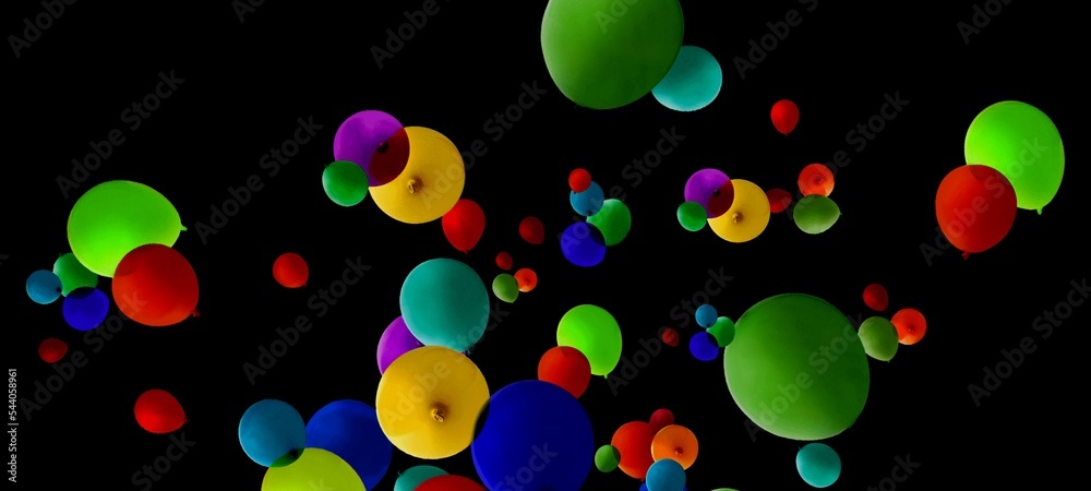multicolored balloons abstract fly on black background 