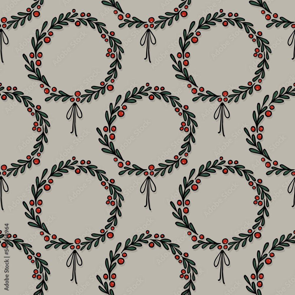 Christmas Season Winter Holiday Doodle linear colorful vector seasonal seamless pattern with holly wreaths isolated on light background
