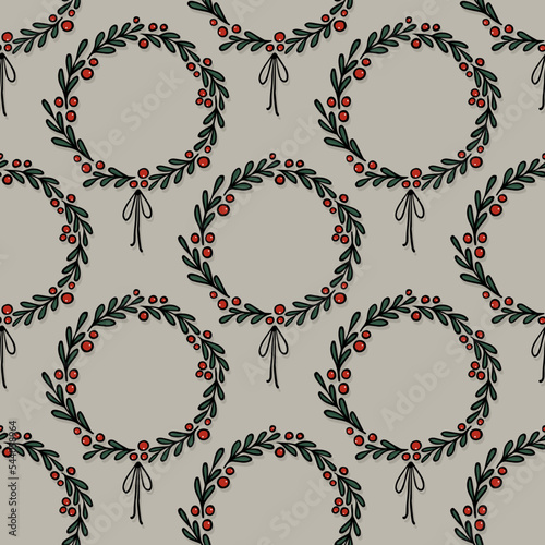 Obraz na płótnie Christmas Season Winter Holiday Doodle linear colorful vector seasonal seamless pattern with holly wreaths isolated on light background w salonie