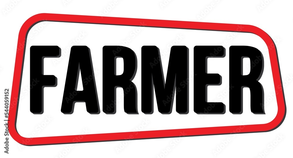 FARMER text on red-black trapeze stamp sign. FARMER text on red-black trapeze stamp sign.