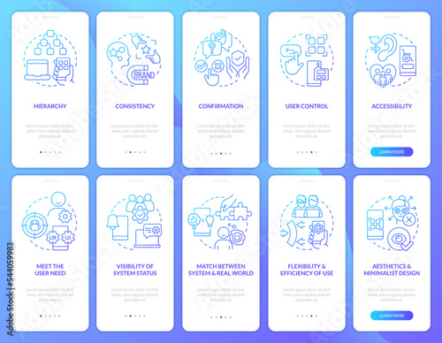 User experience design basics blue gradient onboarding mobile app screen set. Walkthrough 5 steps graphic instructions with linear concepts. UI, UX, GUI template. Myriad Pro-Bold, Regular fonts used