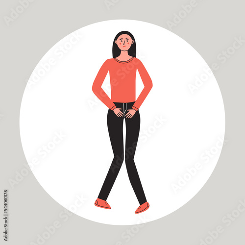 Frequent urination concept. Woman holding hands between her legs. Female want to pee. Symptom of diabetes, pregnancy, disease. Flat vector illustration