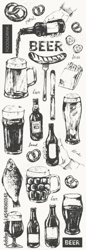 Hand drawn beer bottles, glasses, mugs, beer snack, pretzel, sausage