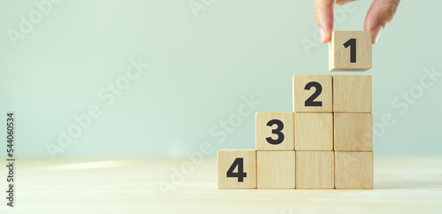 Task priority and management concept. The order of priority in any activity. Set work priority, arrange to do list. Wooden cubes with number first, second, third and fourth. photo