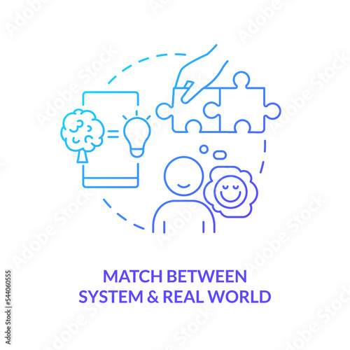 Match between system and real world blue gradient concept icon. Usability heuristic. UX design fundamental abstract idea thin line illustration. Isolated outline drawing. Myriad Pro-Bold font used photo