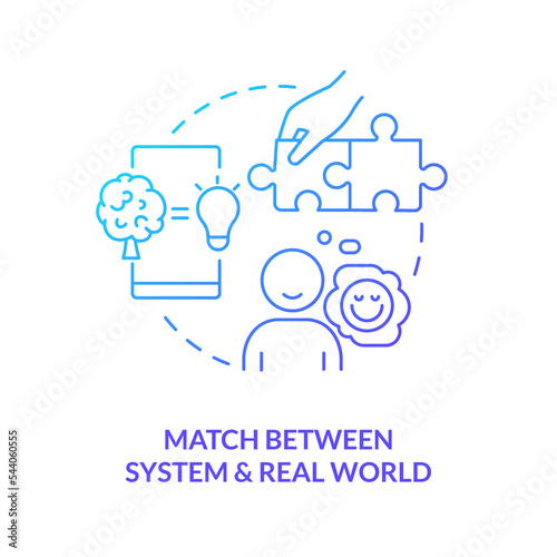 Match between system and real world blue gradient concept icon. Usability heuristic. UX design fundamental abstract idea thin line illustration. Isolated outline drawing. Myriad Pro-Bold font used