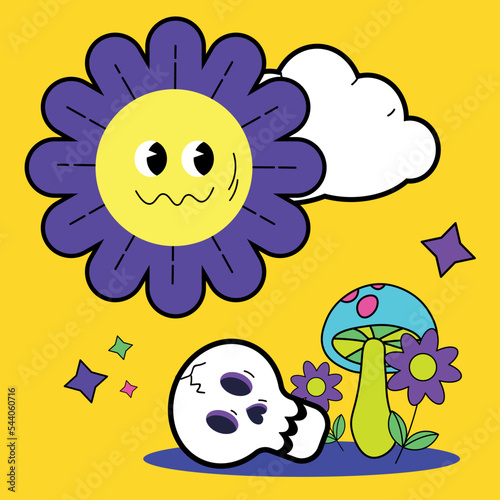 Cute cartoon sun character in retro style with eyes. Hippie, psychedelic, groove, retro and vintage style. Vector illustration EPS