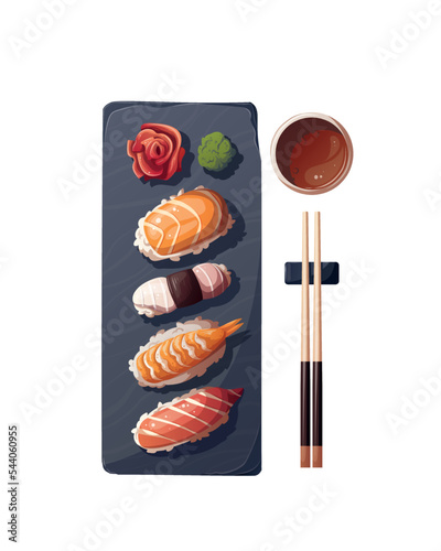 Mix of Sushi on the black stone. Japanese food, healthy eating, cooking, menu, nutrition concept. Vector illustration. 